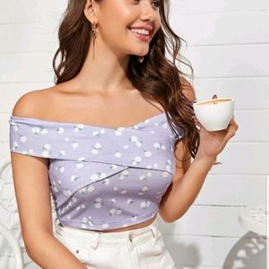 Lavender and Flower Off Shoulder Crop Top